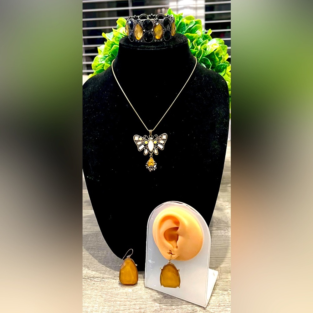 ❤️Smokey quartz, amber,citrine,onyx 3 piece set-vintage ❤️